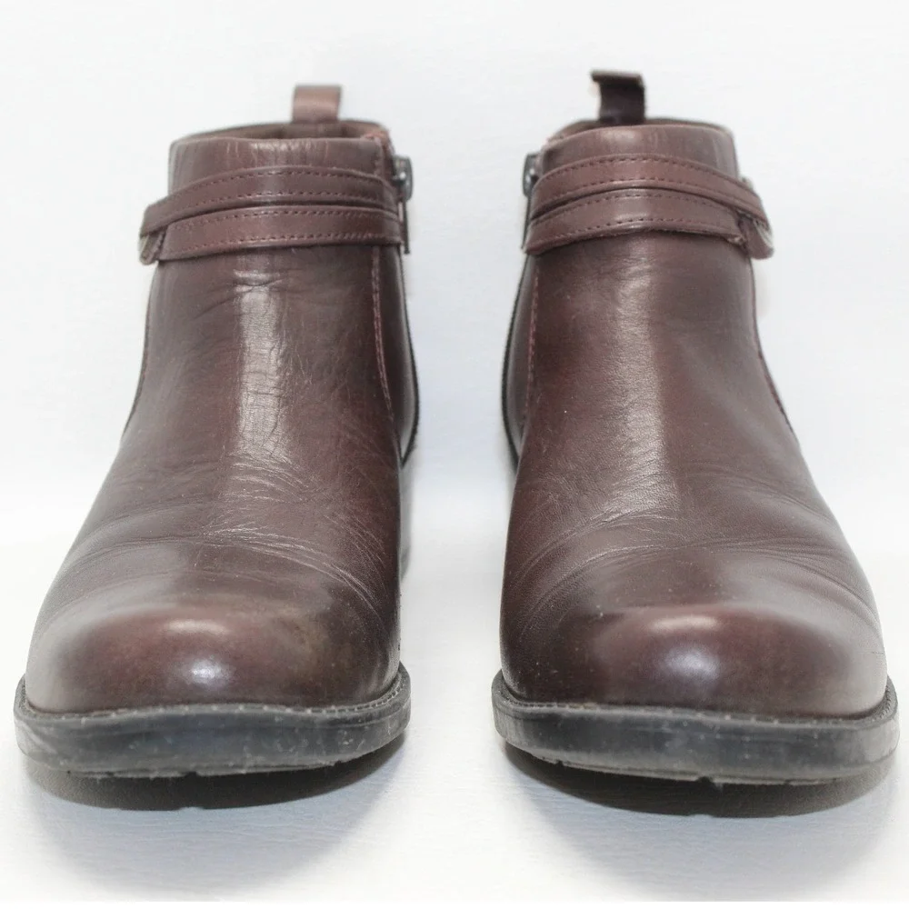 Clarks Womens 72886 Brown Leather Ankle Boots Side‎ Zip Buckle Strap 9.5M